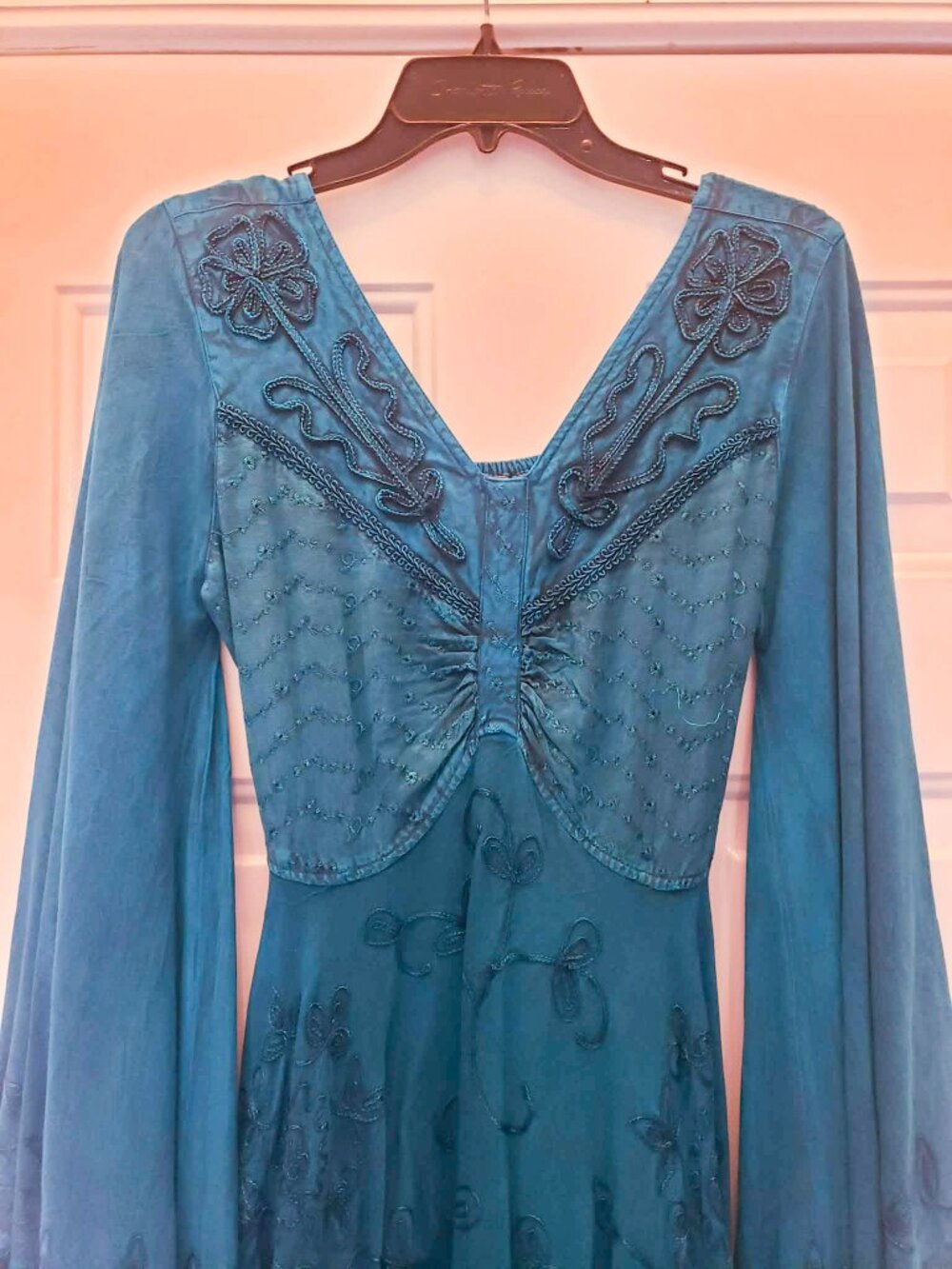 SAKKAS Renaissance Inspired Teal Blue Embroidered Bell Sleeve Dress - S/M